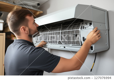 Technician Installing modern ac unit in new home Technician Installing modern ac unit in new home 127076994