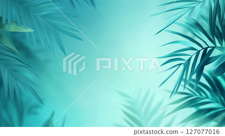 palm leaves on the light blue wall. 127077016