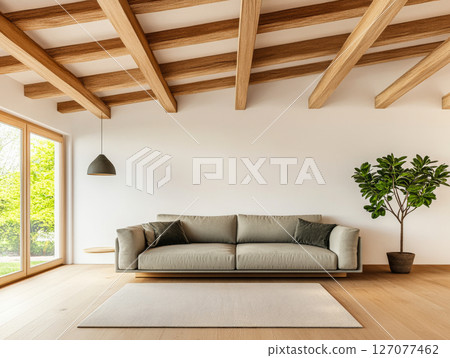 Modern living room with wooden beams, natural light, and minimalistic decor in a serene setting 127077462