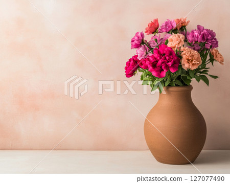 A vibrant bouquet of pink and orange flowers in a clay vase against a soft pastel background 127077490