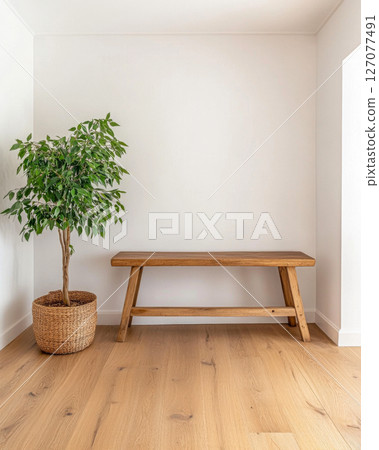 Simple wooden bench paired with a potted plant in a minimalistic white interior space 127077491