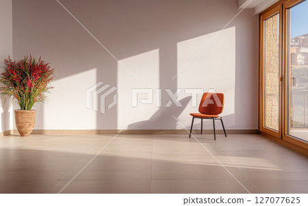 Bright and airy room with a single chair and a decorative plant near a window at sunset 127077625