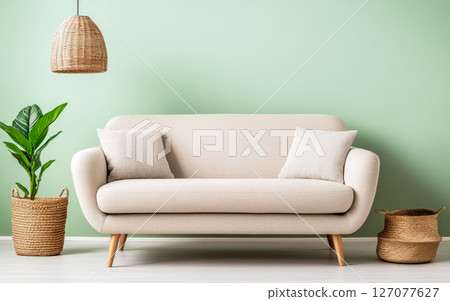 A light beige sofa with decorative cushions is positioned against a calming pastel green wall 127077627
