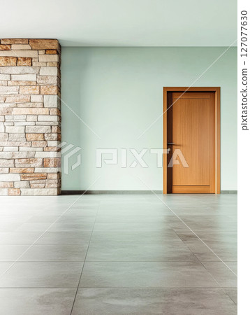 Modern interior with light blue wall, stone feature, and wooden door in a spacious room 127077630
