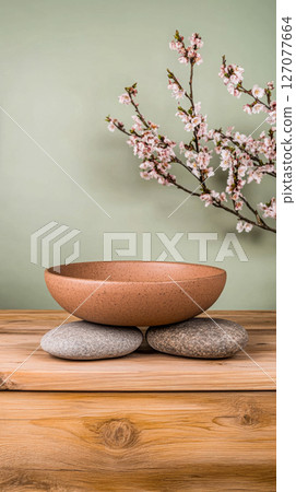 Ceramic bowl resting on stones with cherry blossom branch against a soft green backdrop 127077664