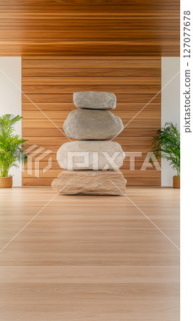 A serene indoor space featuring stacked stones against a wooden backdrop 127077678