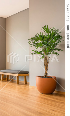 A potted palm tree beside a wooden bench in a modern minimalist interior design setting 127077679