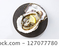 Seasonal rock oysters on a white background 127077780
