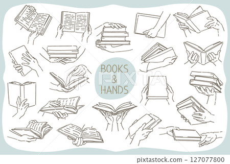 一組閱讀、打開、拿著書等的手的插圖。簡單的觸感,向量插圖素材。 一組閱讀、打開、拿著書等的手的插圖。簡單的觸感,向量插圖素材。 127077800