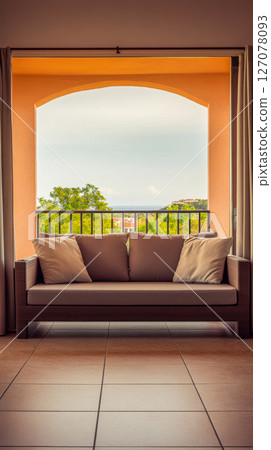 Cozy seating area with a view of nature during a sunny day in a tranquil setting 127078093