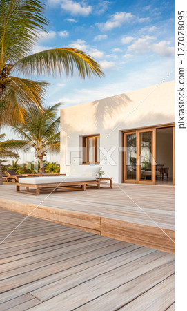 Modern outdoor deck with lounge chair surrounded by palm trees and a bright sky at a tropical villa 127078095