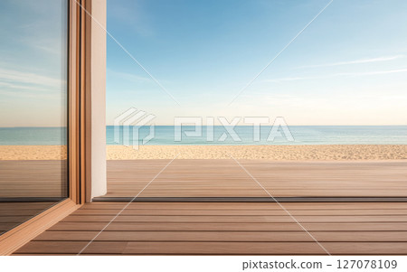 Tranquil beachfront view from a modern wooden deck during a serene morning Tranquil beachfront view from a modern wooden deck during a serene morning 127078109