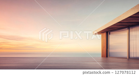 Modern beachfront property with expansive glass windows at sunset over the ocean horizon Modern beachfront property with expansive glass windows at sunset over the ocean horizon 127078112