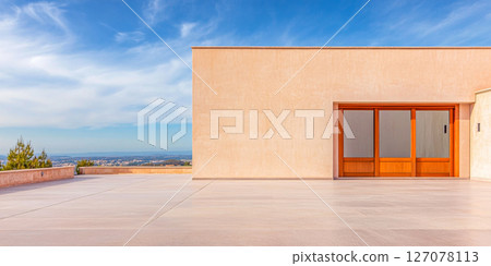 Modern architectural design with expansive terrace and scenic view in early morning light Modern architectural design with expansive terrace and scenic view in early morning light 127078113