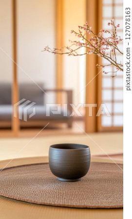 A minimalist tea cup on a woven mat in a serene Japanese interior during daylight hours A minimalist tea cup on a woven mat in a serene Japanese interior during daylight hours 127078163