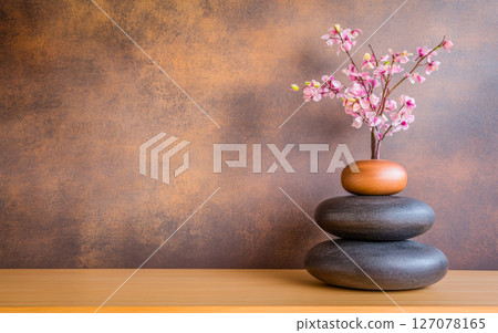 A serene arrangement of stones and blossoms on a wooden surface against a textured background 127078165