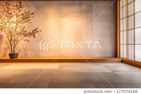 A serene indoor space with a blossoming tree and traditional Japanese architecture at dusk 127078166