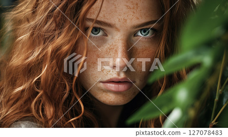 portrait of a beautiful girl with green leaves 127078483