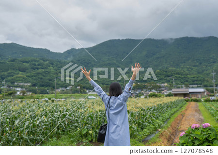 Back view of a woman relaxing while looking at the countryside 127078548