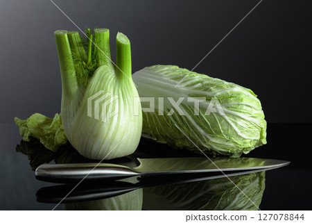 Fresh fennel bulb with green stalks and Chinese cabbage. 127078844