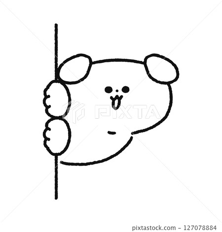 一隻可愛的小狗從牆上探出頭來 — — 線畫 127078884