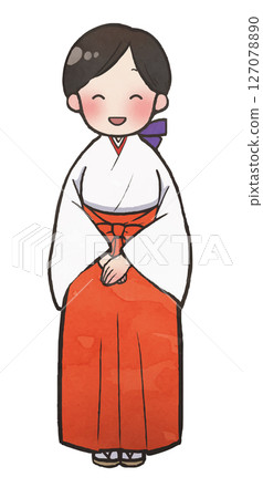 Illustration material: Hand-drawn style smiling shrine maiden 127078890