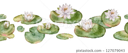 Seamless horizontal border or banner with watercolor white water lilies and green leaves. Hand-drawn illustration on white background. Elegant floral design for textiles, wrapping paper, or borders. Seamless horizontal border or banner with watercolor white water lilies and green leaves. Hand-drawn illustration on white background. Elegant floral design for textiles, wrapping paper, or borders. 127079043