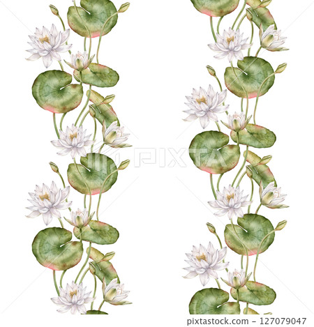 Seamless watercolor pattern featuring delicate white water lilies with green leaves. Hand-drawn lotus flowers on an isolated background, perfect for textiles and wrapping paper. Seamless watercolor pattern featuring delicate white water lilies with green leaves. Hand-drawn lotus flowers on an isolated background, perfect for textiles and wrapping paper. 127079047