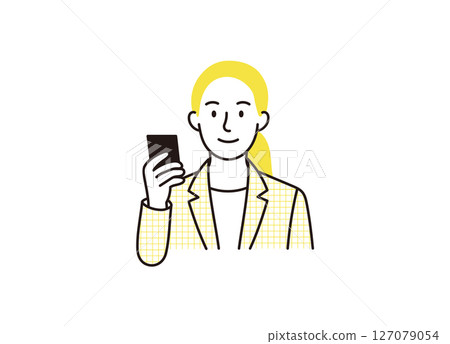Illustration of a businesswoman showing a smartphone screen Illustration of a businesswoman showing a smartphone screen 127079054