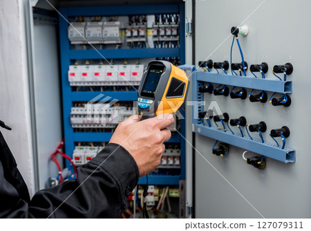 Technician use infrared thermal imaging camera to check temperature at fuse-box Technician use infrared thermal imaging camera to check temperature at fuse-box 127079311