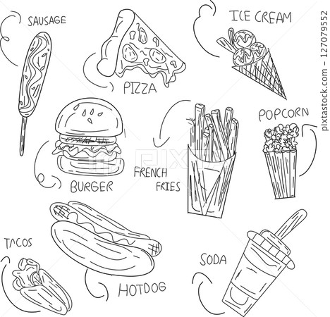 Vector set of fast food hand drawn illustration. Fast food on Isolated White Background. 127079552