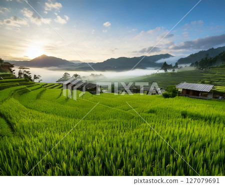 Green rice fields, beautiful morning with clouds. Fog in rice fields. AI Generated. Green rice fields, beautiful morning with clouds. Fog in rice fields. AI Generated. 127079691