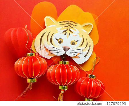 Chinese Tiger and Red Paper Lanterns, New Year Festival. AI Generated. 127079693