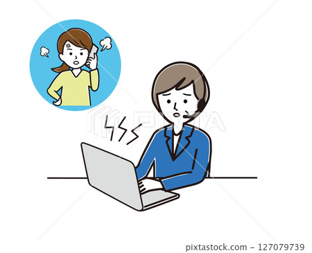 一名中年女接線生一邊看著電腦,一邊處理一名年輕女子的投訴 一名中年女接線生一邊看著電腦,一邊處理一名年輕女子的投訴 127079739
