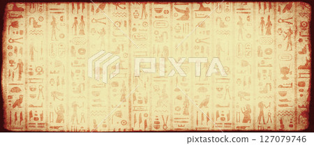 Horizontal travel banner with egyptian hieroglyphs. Grunge background with old paper texture and ancient egyptian hieroglyph. Topic of vacation, travel, trip abroad on vacation, cruises, tours 127079746