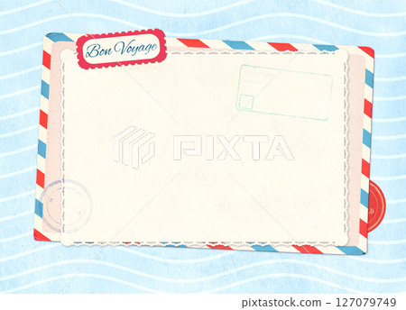 Horizontal travel background with retro postcard on vintage paper of blue color and wave pattern. Bon Voyage - Have a nice trip, in French. Topic of travel, trip abroad on vacation, cruises and tours 127079749