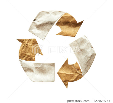 Arrows recycle symbol from crumpled paper. Sustainable development of strategy approach to zero waste, responsible consumption. Reuse, renewable resource, eco-friendly concept. Isolated on white 127079754