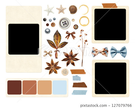 Kit of vintage elements for scrapbooking. Nostalgic sentimental assortment: retro photo, linen bow, dry pressed flower, button, shell, starfish, star anise, swatch color strip. Set isolated on white 127079766