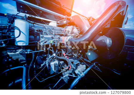Modern new agricultural tractor engine. Machinery and equipment 127079800