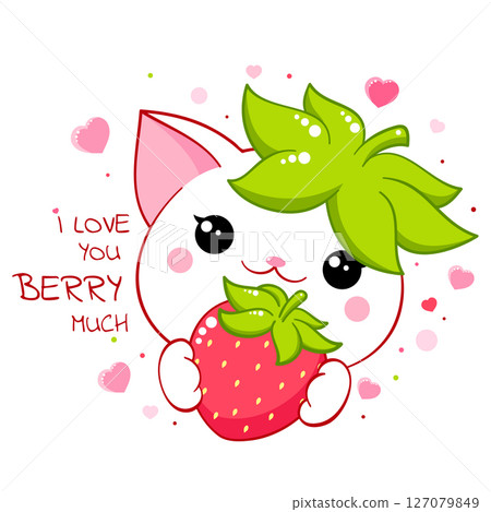 Cute cat with strawberry. Inscription I love you berry much. Kawaii little kitty and ripe red berry. Happy summer time card. Can be used for t-shirt print, sticker, greeting card design. Vector EPS8 127079849