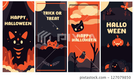 Set of Halloween eye-catching card, banner, background, flyer, placard with cute kitty ghosts. Collection of gift tag, label or poster template with little cat ghost. Vector EPS8 127079850