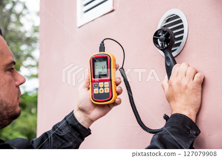 Technician use hand-held anemometer measuring air flowing measurement 127079908