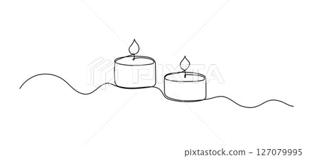 Candle with flame one line drawing, symbol of spa, continuous line isolated sketch, border Candle with flame one line drawing, symbol of spa, continuous line isolated sketch, border 127079995