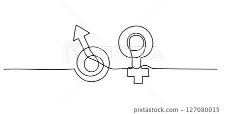Gender symbol one line illustration, man and woman icon continuous isolated sketch, concept of balance 127080015