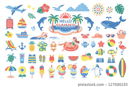 夏季素材插圖集：旅行、裝飾、暑假、游泳 127080285