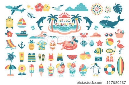 Summer material illustration set: travel, decoration, summer vacation, swimming 127080287