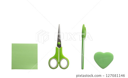 Set of green scissors, sticky note, pen and eraser on white background with space for text 127081146