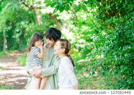 Young family enjoying the outdoors walking in nature 127081440
