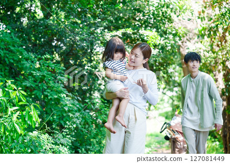 Young family enjoying the outdoors walking in nature 127081449