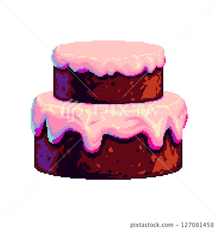 Pixel art vector of a chocolate cake with pink icing. Clean and isolated for use in games, interfaces, or creative projects. Pixel art vector of a chocolate cake with pink icing. Clean and isolated for use in games, interfaces, or creative projects. 127081458